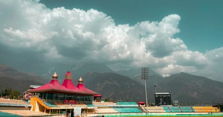 Cricket stadium in Dharamshala viewed across the field